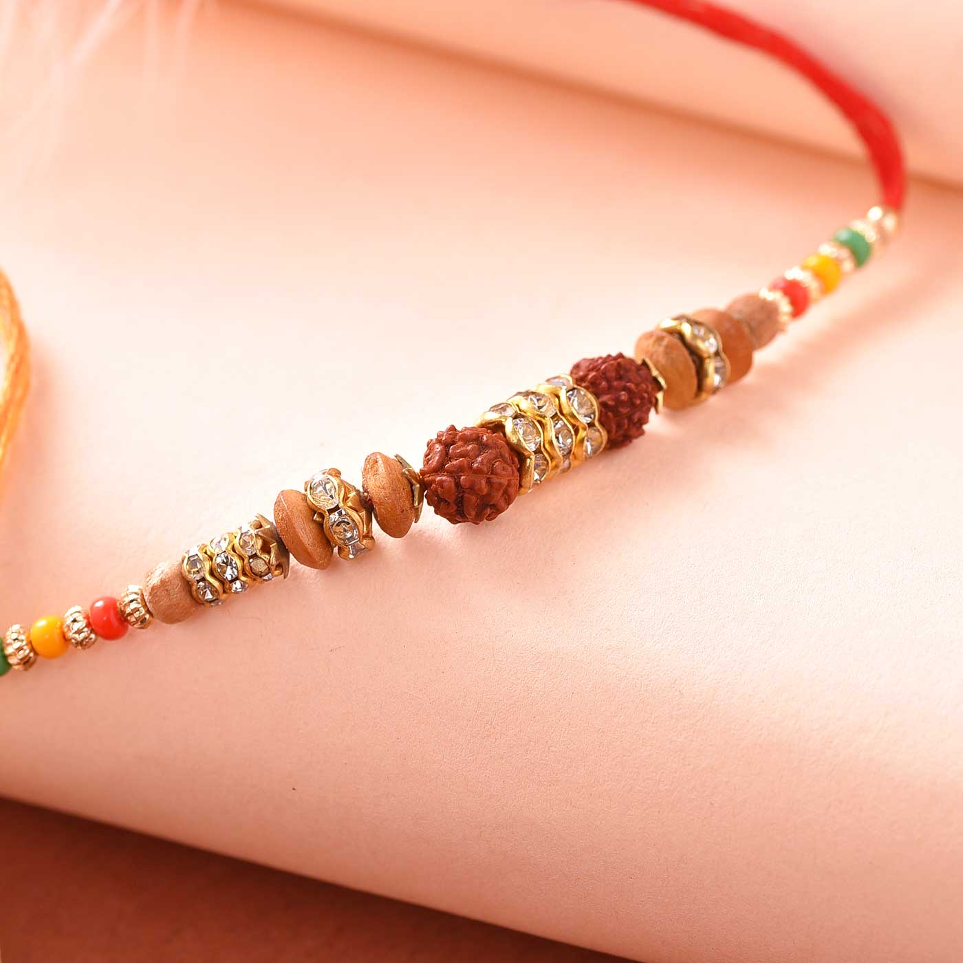 Rudraksh & Wooden Beads Rakhi With Stone Work - 12 Pcs Pack