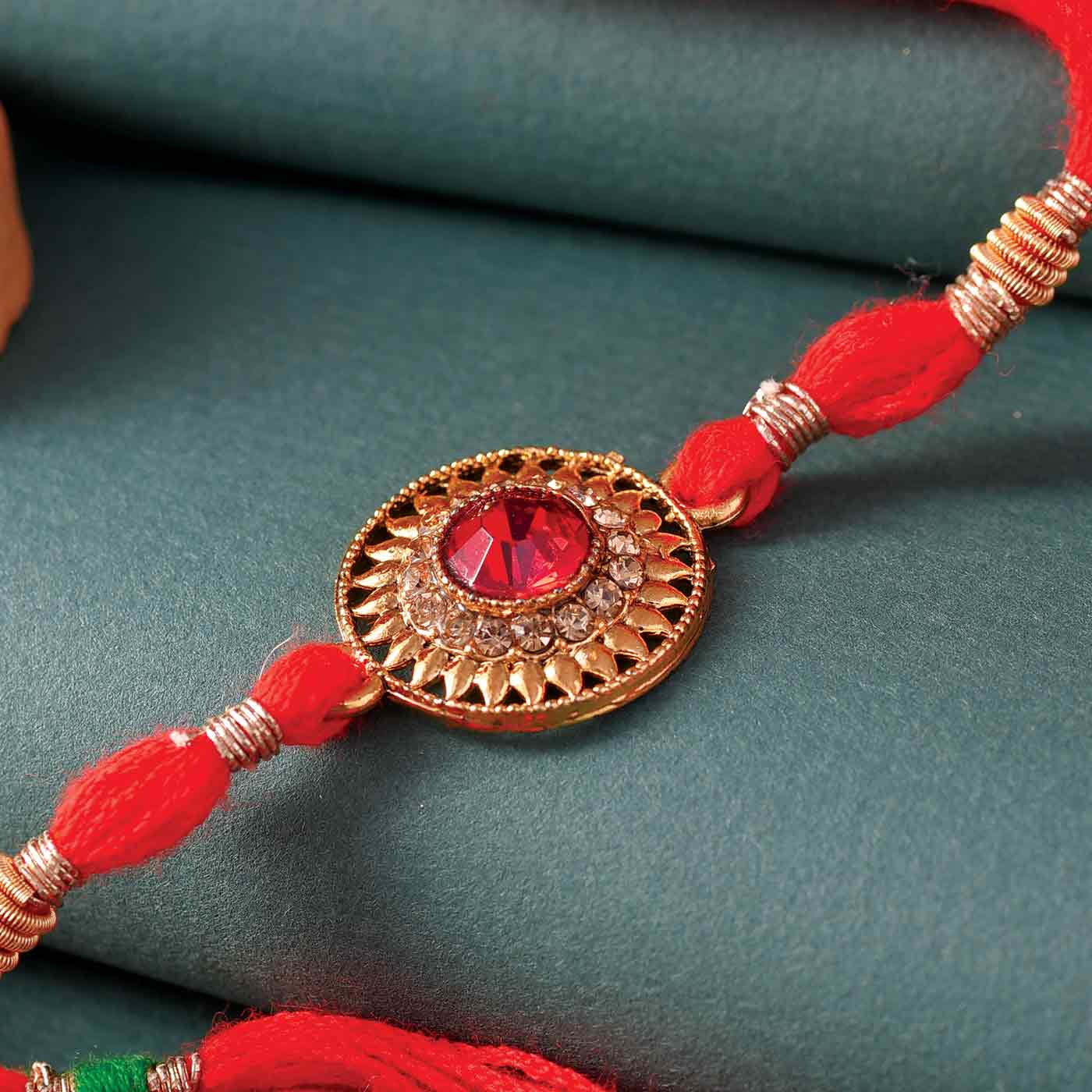Red Round Embellished Beads & Pearl Rakhi- 12 Pcs Pack