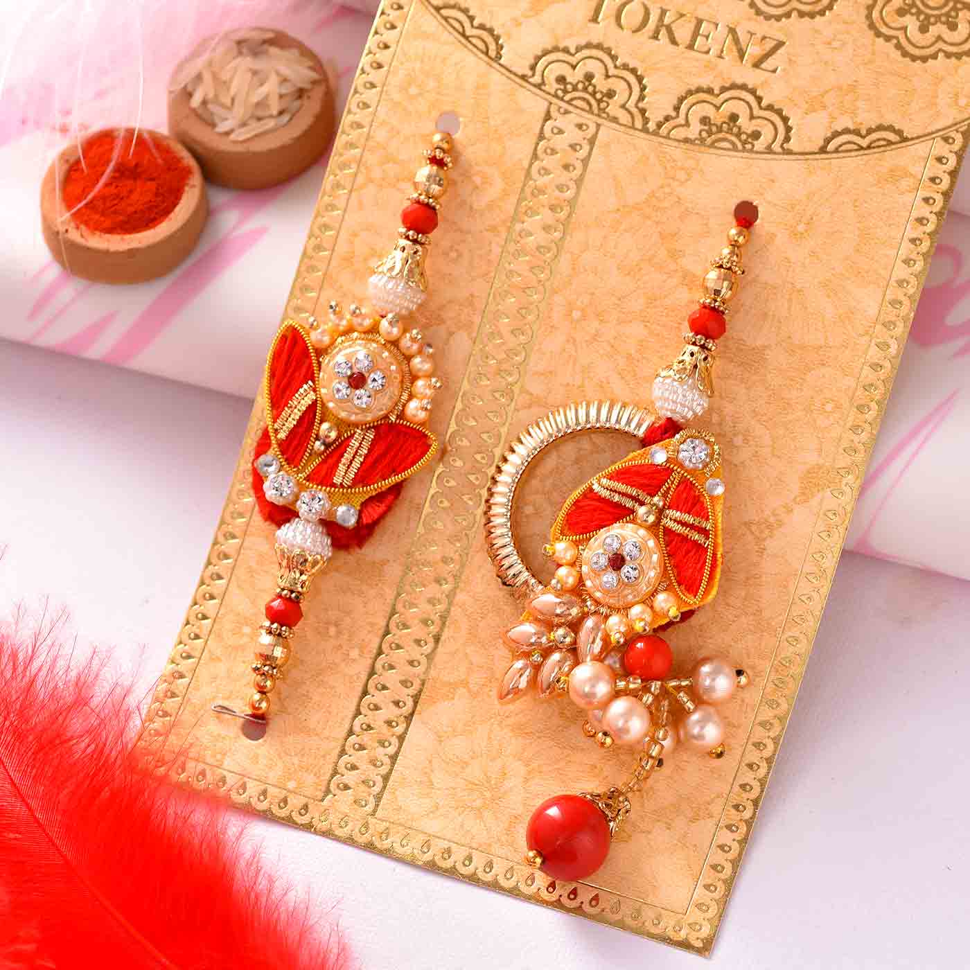 Gorgeous Pearls & Stone Work Lumba Rakhi Set- 12 Pcs Pack