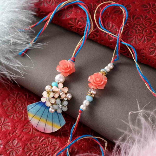 Stylish Floral Pattern Pearls Lumba Rakhi- 12 Pcs Pack