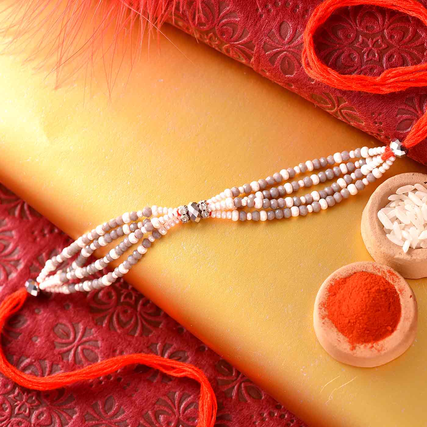 Fancy White And Grey Multistrands Beads Rakhi Thread- 12 Pcs Pack