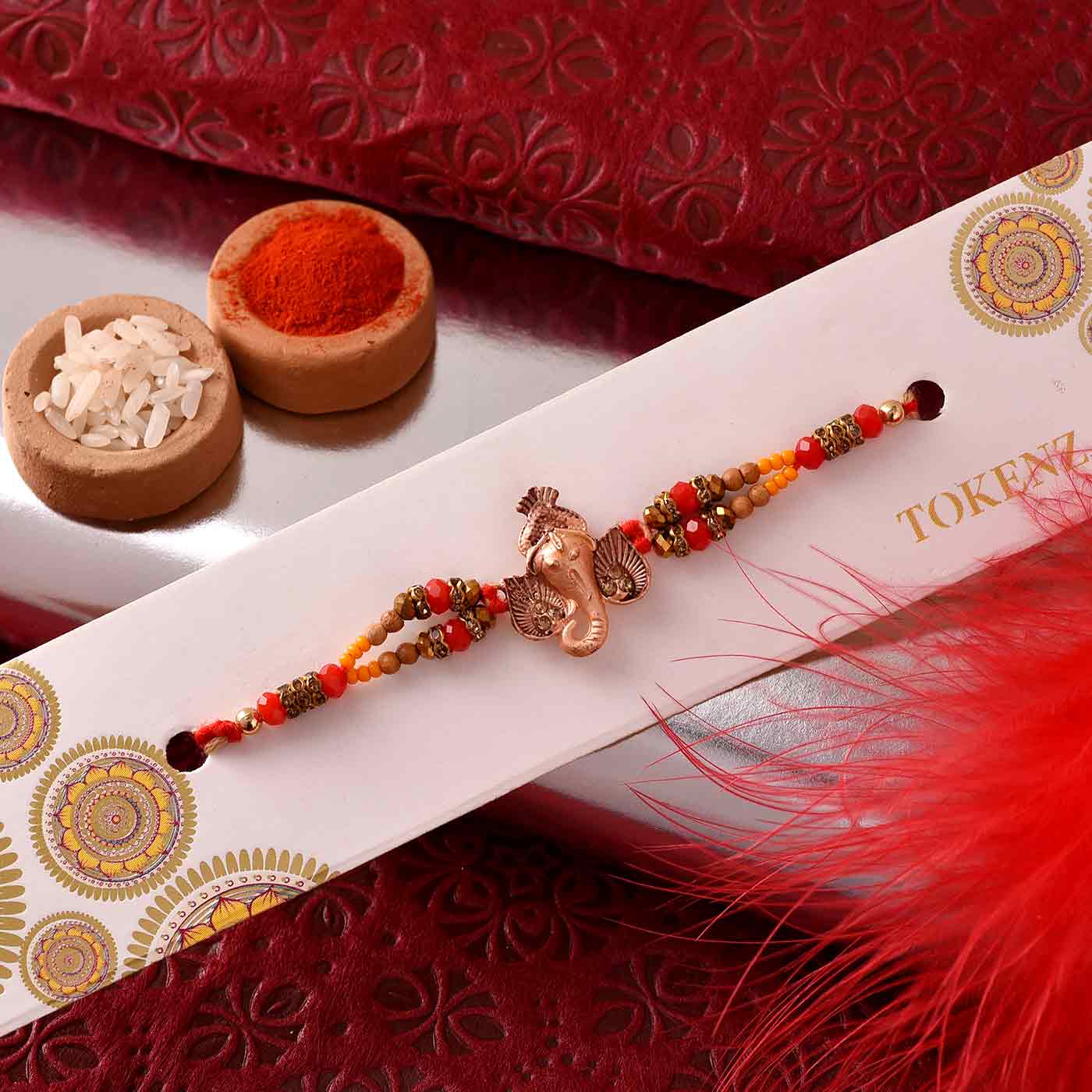 Divine Ganesha Wooden N Crystal Beads Rakhi- 12 Pcs Pack