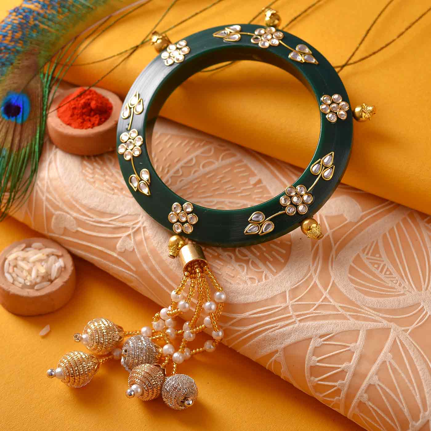 Beautiful Kundan, Pearls & Beads Lumba Rakhi-12 Pcs Pack