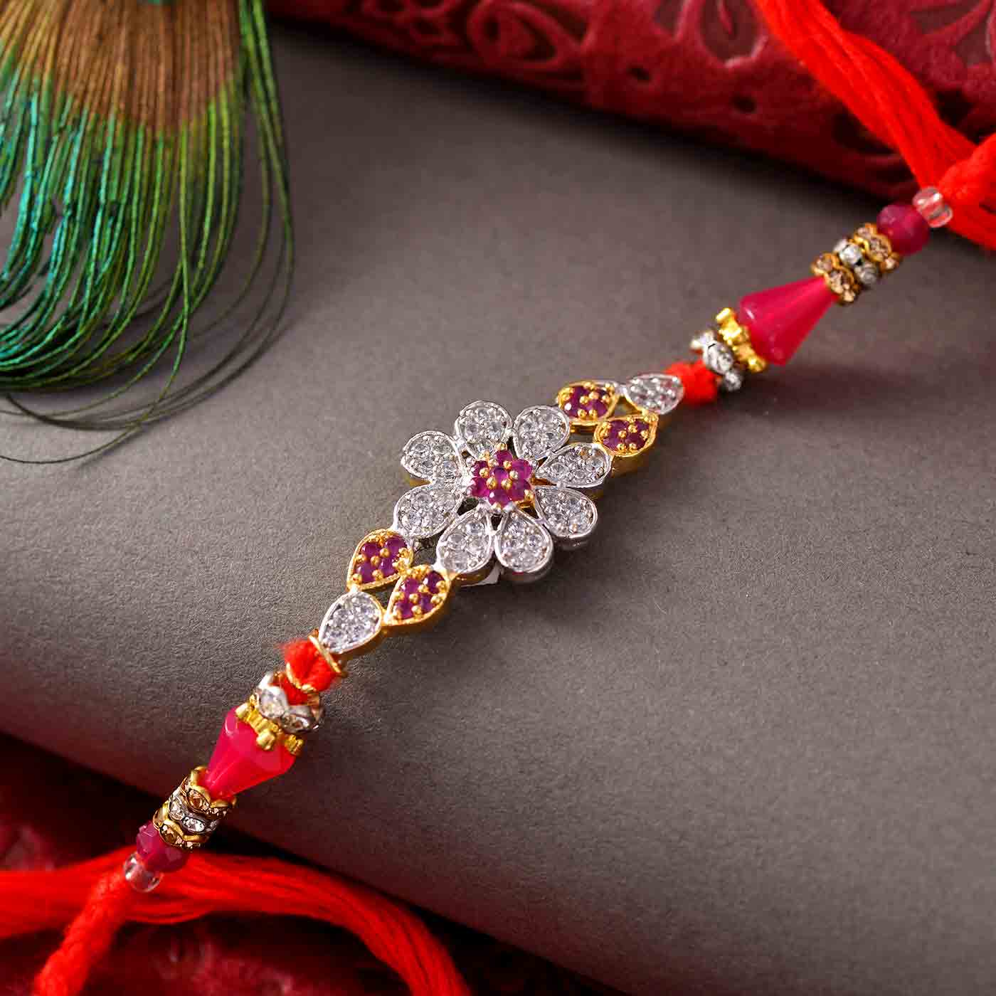 Floral Pattern Stones & Beads Rakhi - 12 Pcs Pack