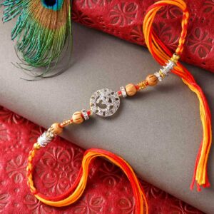 Traditional Stones Work Om & Wooden Beads Rakhi - 12 pcs Pack