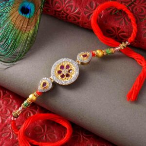 Stone Studded Floral Dial Rakhi With Beads Work - 12 Pcs Pack