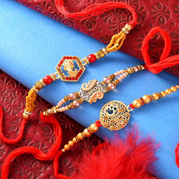 Ganesha BRO And Om Rakhi Set Of 3 - 12 Pcs Pack