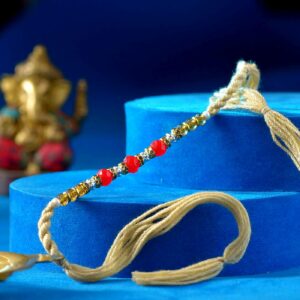 Red & Golden Crystal Rakhi With Knotted Pious Thread - 12 Pcs Pack