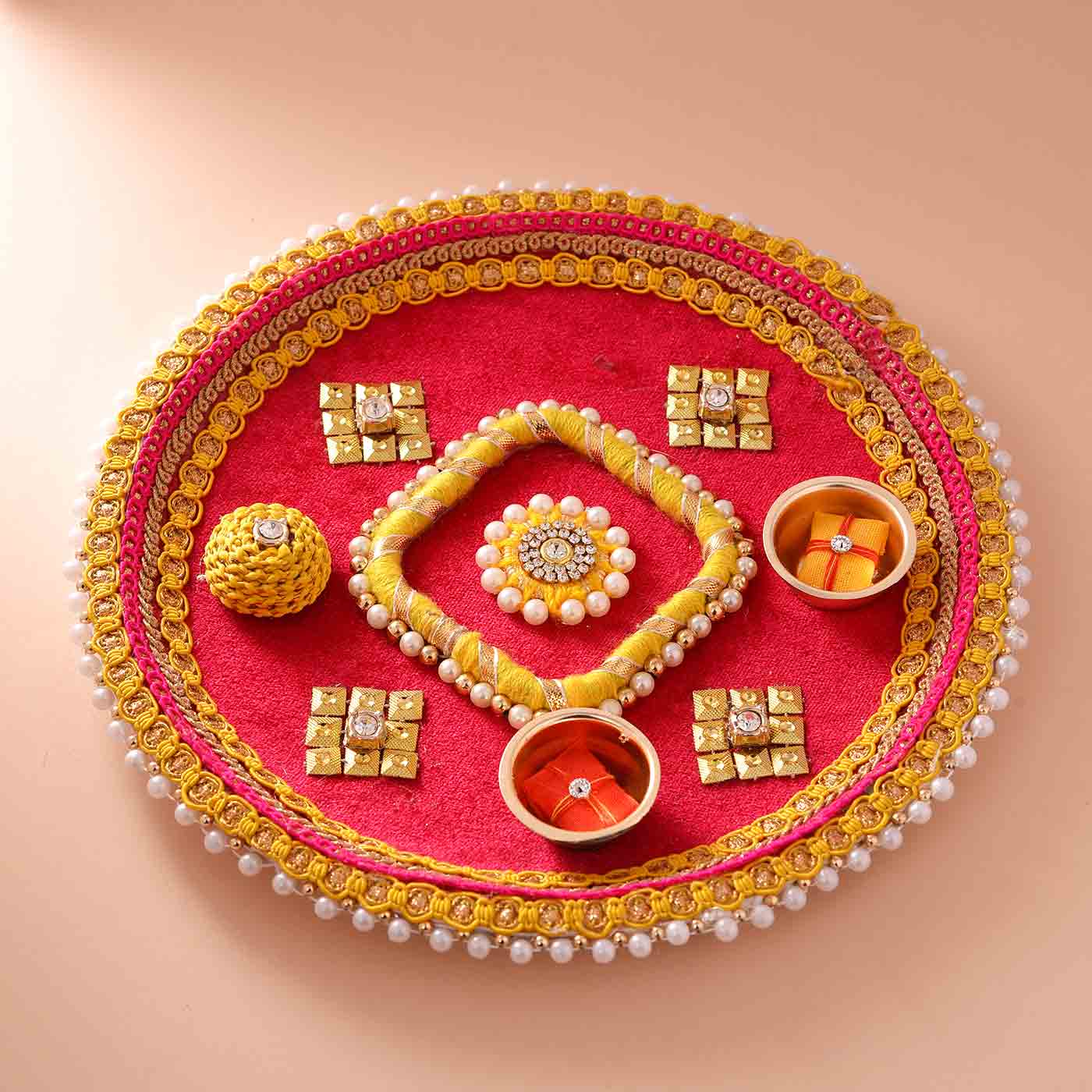 Yellow Pink Pearl Rakhi Puja Thali 8 Inches - 12 Pcs Pack