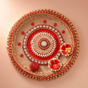 Golden & Red Color Rakhi Puja Thali 8 Inches - 12 Pcs Pack