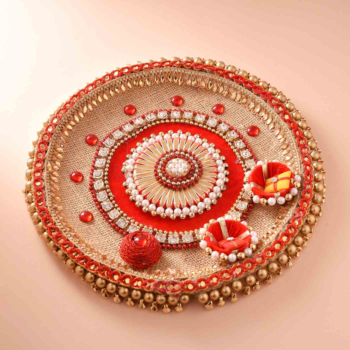 Golden & Red Color Rakhi Puja Thali 8 Inches - 12 Pcs Pack