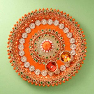 Charming Orange Pearls Rakhi Puja Thali 8 Inches - 12 Pcs Pack