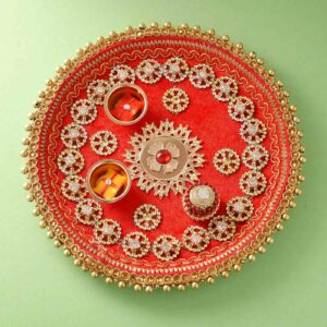 Golden Charm Red Color Rakhi Puja Thali 8 Inches - 12 Pcs Pack