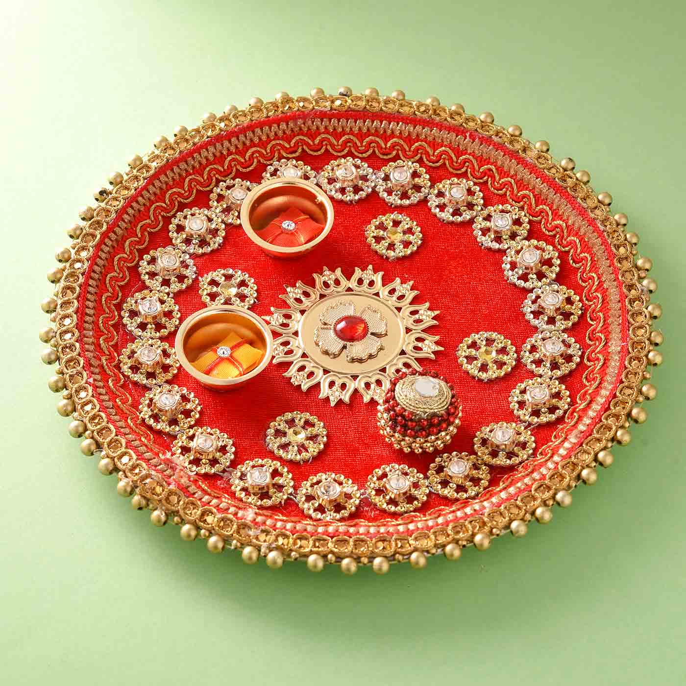 Golden Charm Red Color Rakhi Puja Thali 8 Inches - 12 Pcs Pack