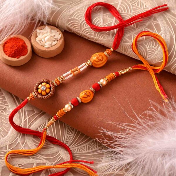 Elegant Wooden Beads Om Pearls & Beads Rakhis Set Of 2 - 12 Pcs Pack