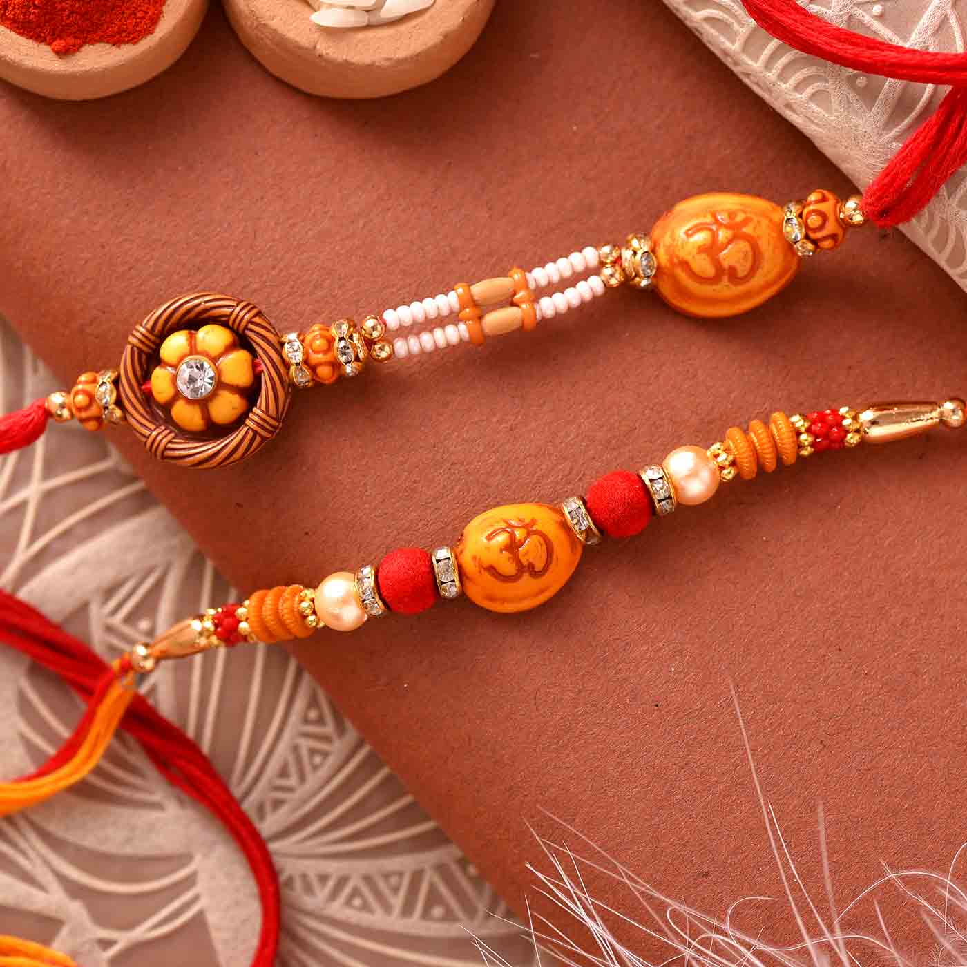 Elegant Wooden Beads Om Pearls & Beads Rakhis Set Of 2 - 12 Pcs Pack