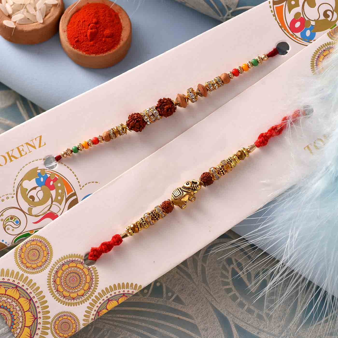 Elegant Rudraksh, Beads & Stones Set of 2 Rakhis - 12 pcs pack