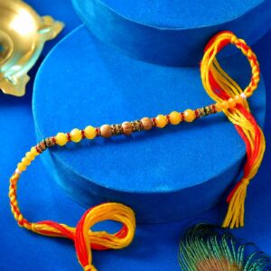 Alluring Yellow Crystal & Wooden Beads Mauli Dori Rakhi- 12 Pcs Pack