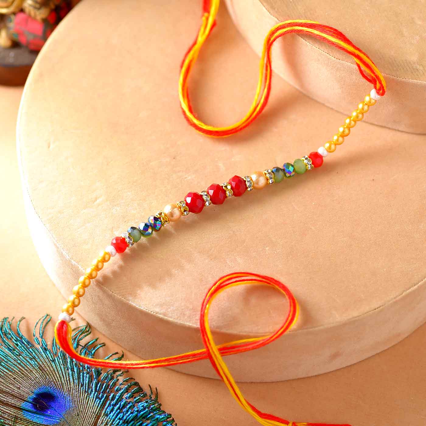 Dazzling Colorful Pearls,Stone & Mauli Thread Rakhi - 12 Pcs Pack