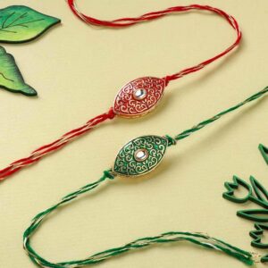 Ethnic Red n Green Stone Rakhi Set - 12 Pcs Pack